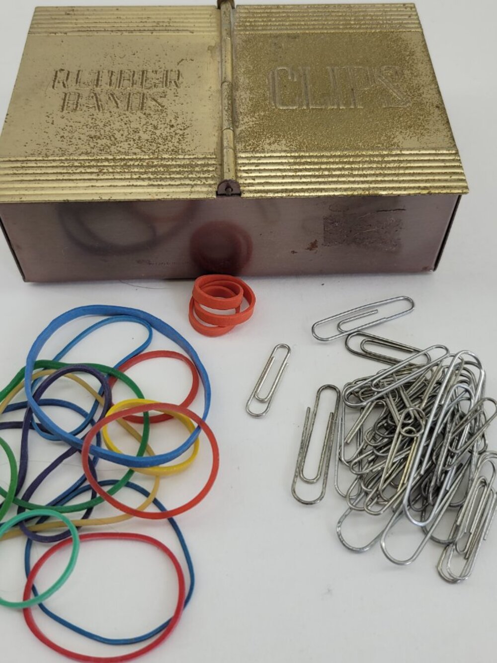 Vintage Brass Paper Clip & Rubber Band Holder Hinged Lids Heavy Metal MCM Office